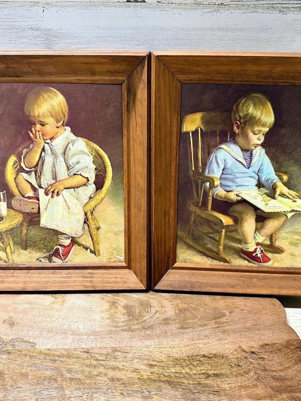 Framed Children Artwork Set of 2 Brown Wood